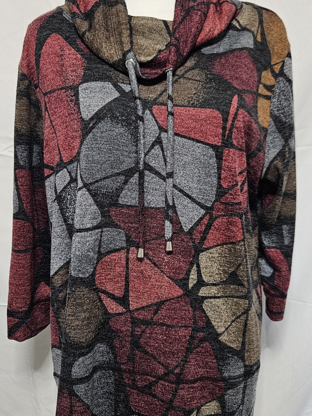Women’s Abstract Print Tunic Cowlneck in Burgundy, Gray & Tan